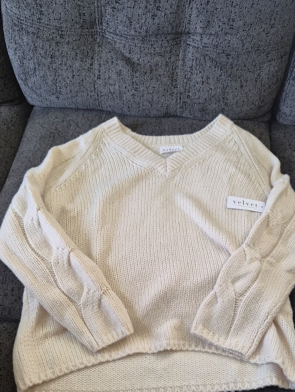Velvet Cream V-Neck Cable Sleeve Knit Sweater